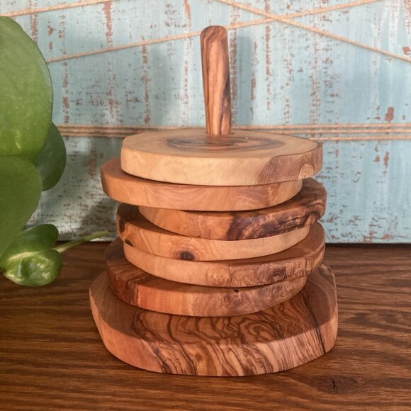 Olive Wood Rustic Natural Coaster Set of 6 with Holder Hand Made - Picture 3 of 16